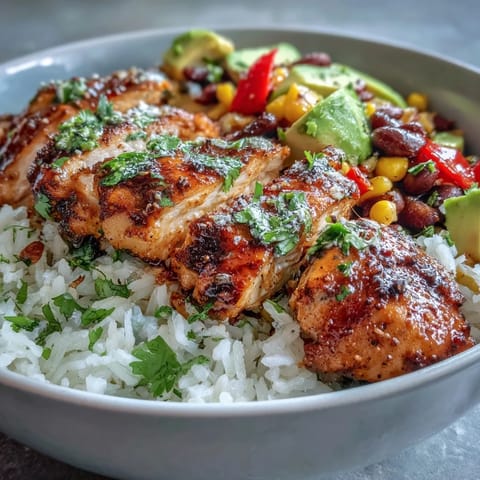 Golden Cajun-spiced chicken slices rest on fluffy white rice beside colorful peppers, sweet corn, and black beans.