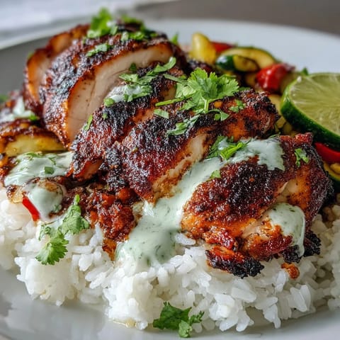 Sliced blackened chicken breast atop fluffy rice with sautéed peppers and zucchini, drizzled with lime crema.