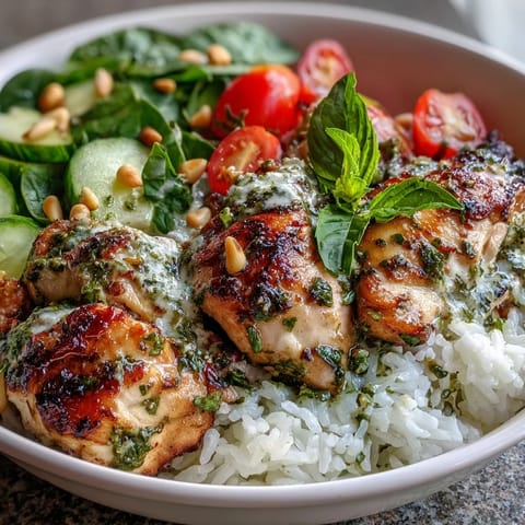 Freshly cooked pesto chicken and fluffy rice in a bowl, topped with vibrant tomatoes, avocado slices, and spinach.