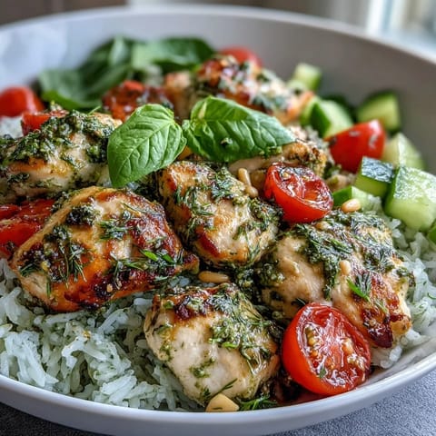 A close-up of a Pesto Chicken Bowl featuring tender chicken pieces, creamy avocado, and toasted pine nuts.
