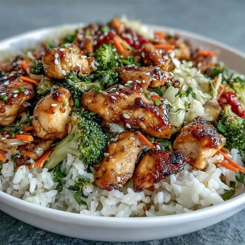 Savory chicken and rice bowl topped with crisp broccoli, bell peppers, and carrots, garnished with sesame seeds and green onions.