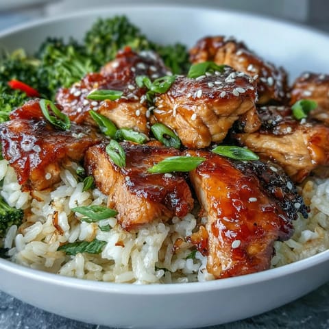 A vibrant honey garlic chicken bowl with tender glazed chicken, colorful steamed vegetables, and fluffy rice, topped with sesame seeds.