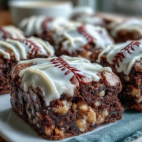 Delicious chocolate brownie bites decorated with white icing to resemble baseballs, ideal for kids and fans.  