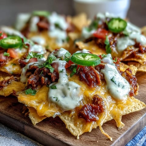 Game day nachos with cheese sauce, crispy tortilla chips smothered in rich, creamy cheddar blend and topped with fresh veggies.