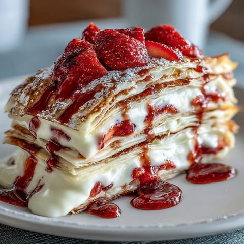 Delicate French crepes stacked with sweetened mascarpone cream and juicy strawberries, dusted with powdered sugar for an elegant finish.