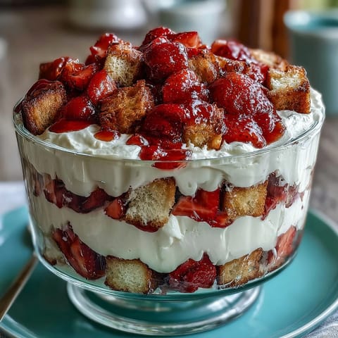 Layered strawberry shortcake trifle with fresh whipped cream and juicy berries in a glass bowl.