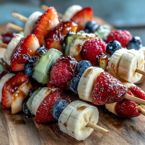 Festive Fourth of July fruit skewers with strawberries, bananas, and blueberries for patriotic parties.  