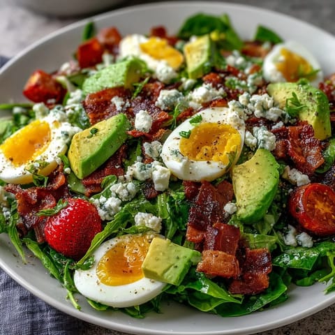 Fresh Spring Cobb Salad with Strawberries and Avocado, a colorful mix of greens, juicy berries, and creamy avocado topped with feta and tangy balsamic dressing.