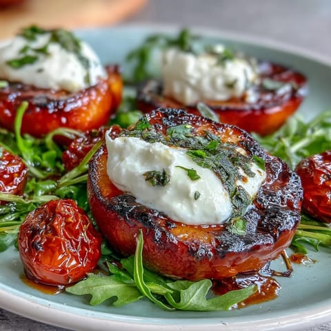 Grilled peach and burrata salad with arugula, balsamic glaze, and fresh basil on a white plate.