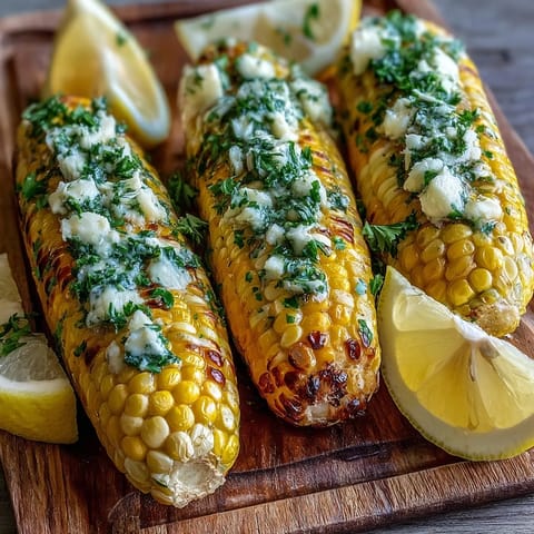 Close-up of Microwave Corn on the Cob with Garlic Butter, golden kernels glistening under a savory herb butter glaze.