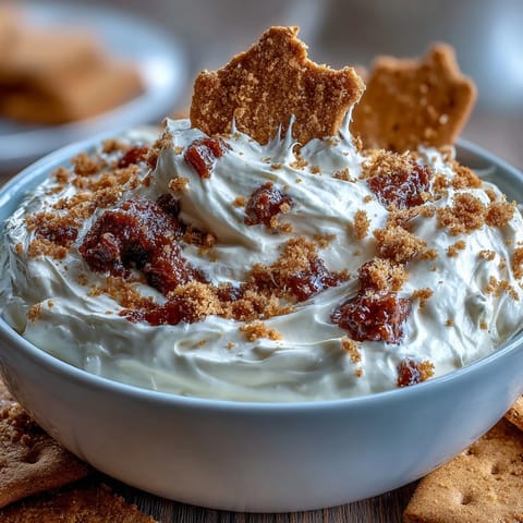 Smooth and fluffy three-ingredient cheesecake dip served chilled with crunchy graham crackers for easy dunking.