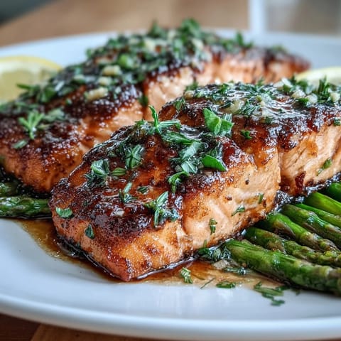 Pan-seared salmon fillets in garlic butter sauce, served with crisp asparagus for a fresh, easy dinner.