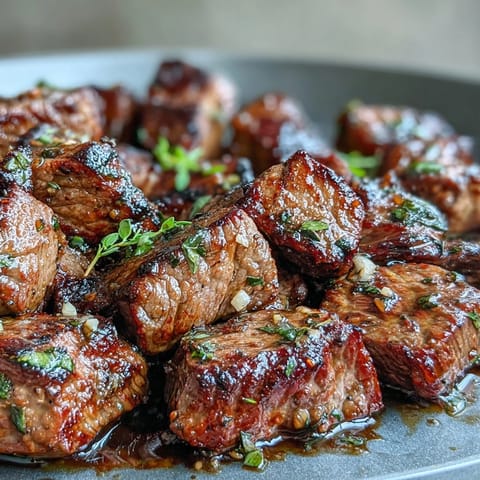 Juicy steak bites seared in garlic herb butter, bursting with savory flavor for a quick summer dinner.  