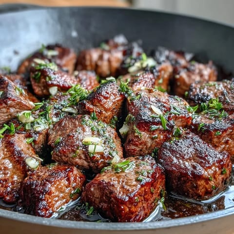 One-Pan Garlic Herb Steak Bites sizzling in a cast iron skillet, tender and aromatic with fresh parsley and thyme.  