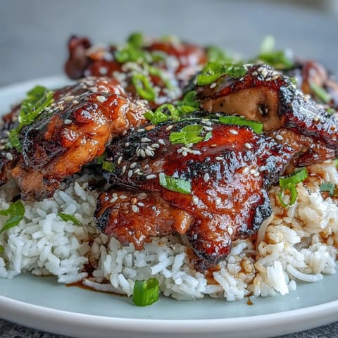Honey garlic chicken with rice, tender chicken in a glossy sauce served over fluffy jasmine rice.