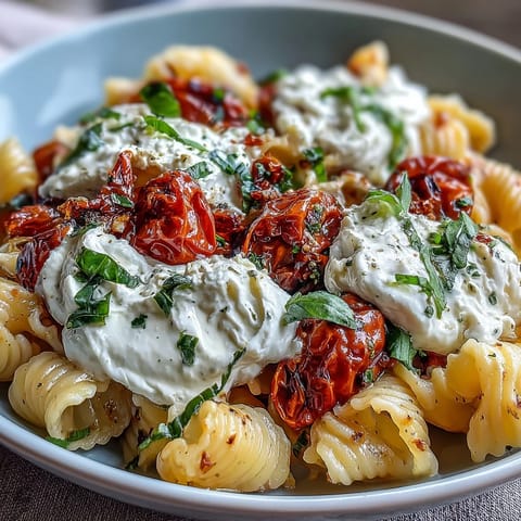 Caprese Pasta with Burrata: A creamy, summery pasta dish with bursting cherry tomatoes, fresh basil, and rich burrata cheese.