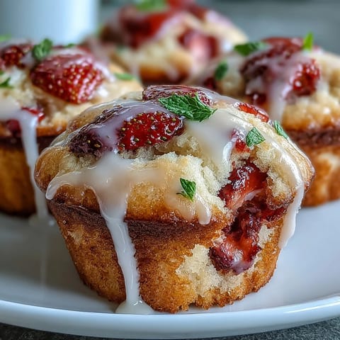 Golden muffins packed with juicy strawberries and zesty lemon, drizzled with a tangy lemon glaze for a perfect brunch treat.