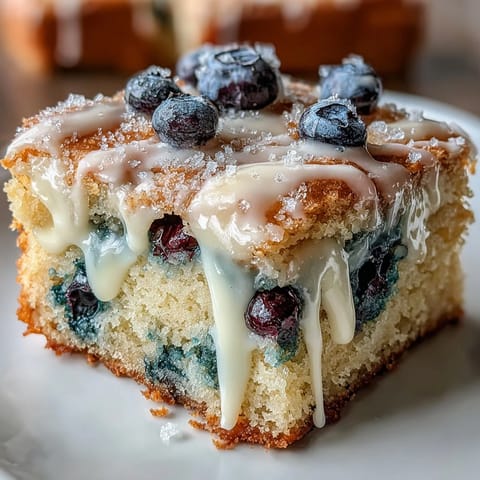 A pan of white chocolate lemon blueberry blondies with golden edges and juicy berries peeking through the top.