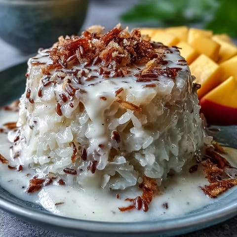 Creamy coconut sticky rice cups topped with fresh ripe mango slices and toasted sesame seeds.  
