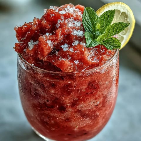 Refreshing frozen strawberry lemonade slushie with vibrant red berries and zesty lemon slices, perfect for cooling off on a hot summer day.