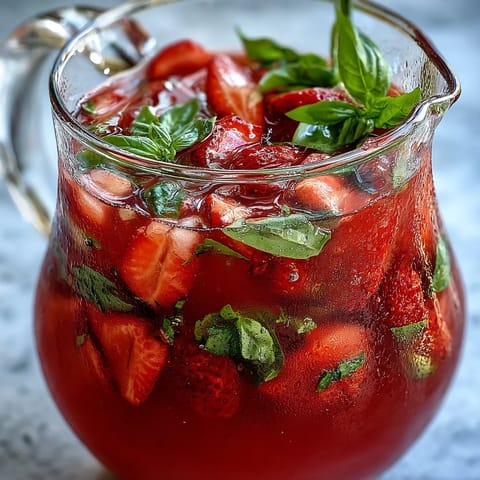 Vibrant Strawberry Basil Lemonade Pitcher, brimming with fresh fruit and herbs.
