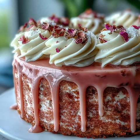 Elegant Bridal Shower Rosé Velvet Cake features a delicate pink hue and shimmering gold drip.
