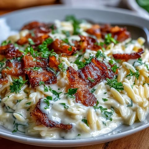 Silky Orzo Carbonara style pasta featuring rich egg sauce, perfectly cooked.