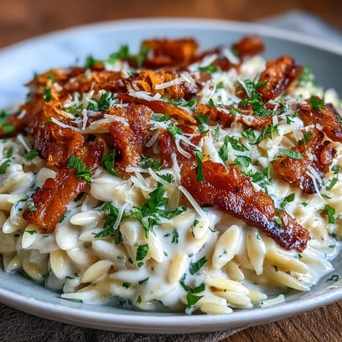 Creamy Orzo Carbonara style dish with crispy pancetta and parmesan cheese.