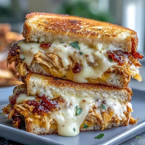 Smoky BBQ chicken grilled cheese sandwich dripping with melted cheese on toasted sourdough.