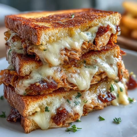 Golden brown BBQ chicken grilled cheese, warm and gooey, perfect for a hearty lunch.
