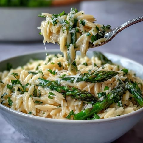 Bright Lemon Butter Orzo with Asparagus dish, cooked al dente and ready to serve.