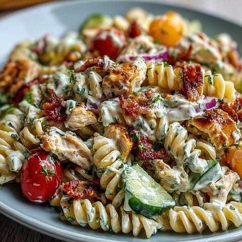 Golden rotini pasta salad layered with chicken, bacon, and ranch dressing.