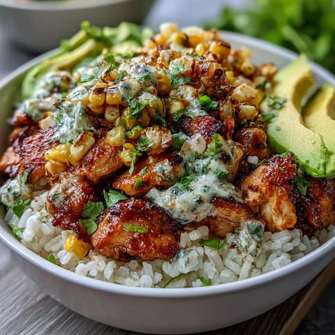 Street Corn Chicken Rice Bowls burst with vibrant toppings, smoky chicken, and creamy sauce.