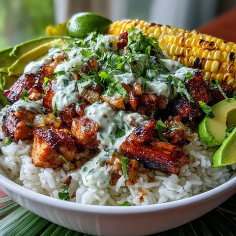 Delicious Street Corn Chicken Rice Bowls featuring juicy chicken and zesty corn salsa.