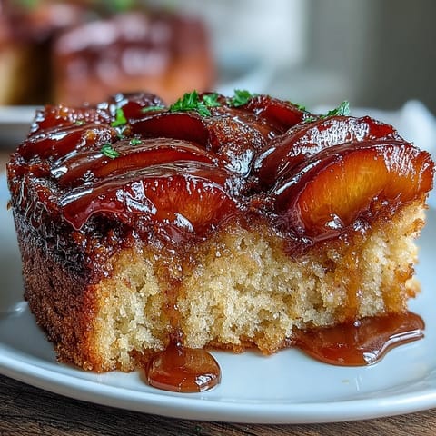 Warm brown sugar peach upside-down cake with glistening caramelized peaches.