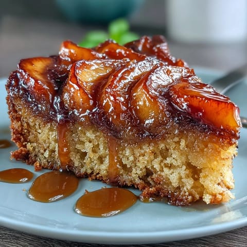 Buttery, tender upside-down cake topped with sweet, juicy summer peaches.