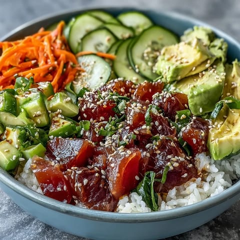Vibrant canned tuna poke bowl with fresh avocado and zesty dressing.