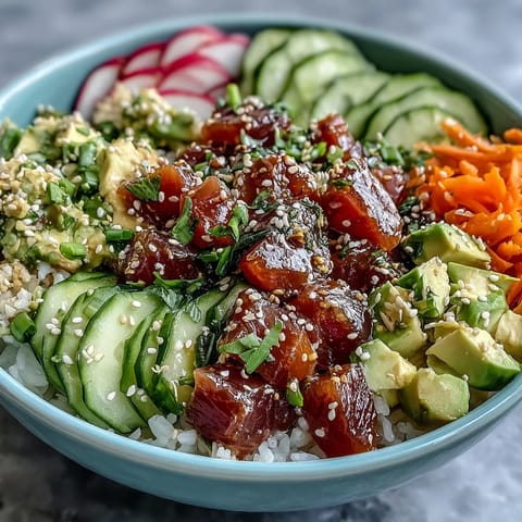 Colorful canned tuna poke bowl, a quick weeknight meal with crisp vegetables.