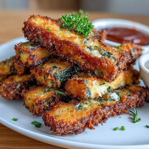 Golden crispy Parmesan zucchini fries baked to perfection, ideal for dipping.