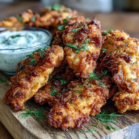 Golden brown pickle brine fried chicken tenders, crispy and juicy, ready to dip.