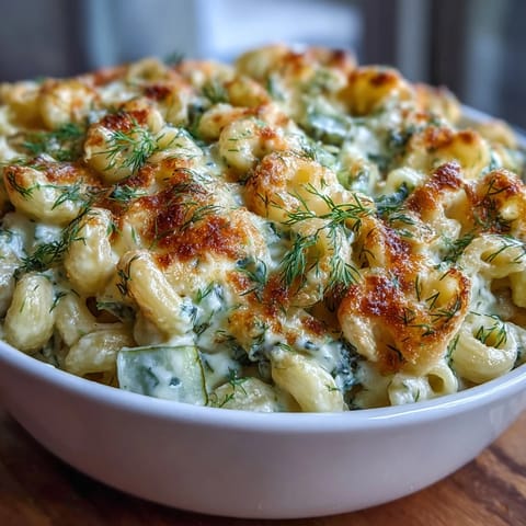 Golden baked Dill Pickle Mac and Cheese topped with crunchy breadcrumbs.