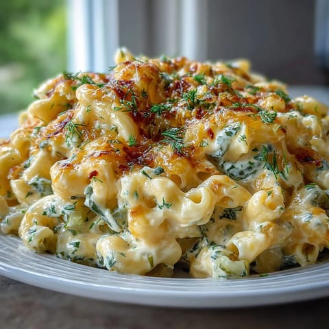 Creamy Dill Pickle Mac and Cheese with tangy pickles and fresh dill.