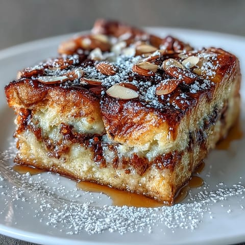 Golden Stale Croissant French Toast Casserole topped with powdered sugar, ready to serve.