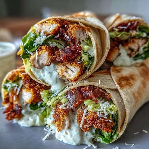 Golden brown crispy chicken Caesar wraps ready to be devoured.