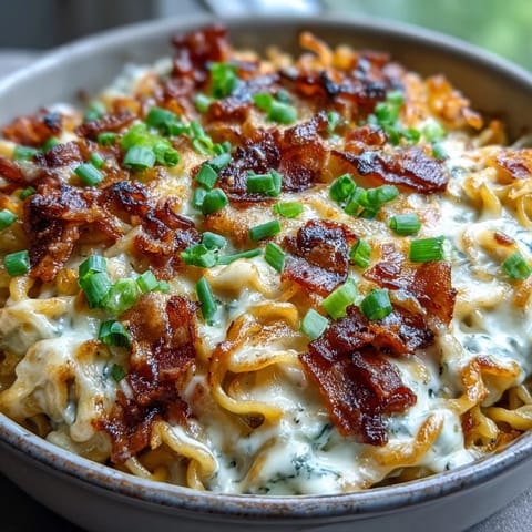 Creamy, cheesy Carbonara Buldak Ramen Bake bubbling with a golden crust.