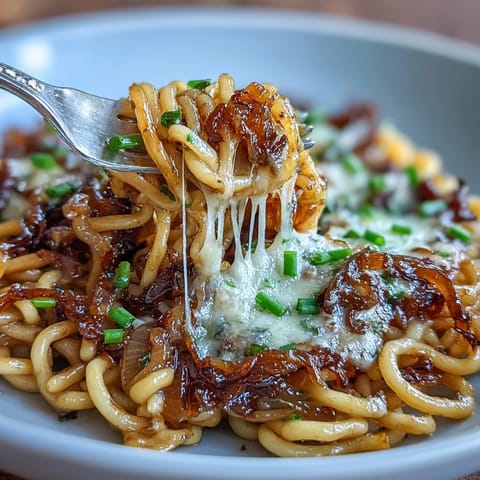 French Onion Buldak Noodles, bubbling with melted cheese and spicy ramen.