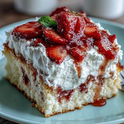 Sweet Strawberry Horchata Tres Leches Cake adorned with fresh whipped cream and berries.