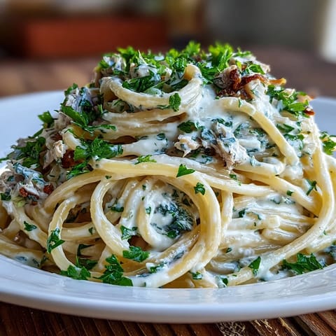 A vibrant bowl of Creamy Sardine Lemon Pasta with fresh parsley garnish.