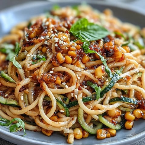 Vibrant chili crisp corn and cucumber noodles, a spicy, refreshing Asian fusion salad.