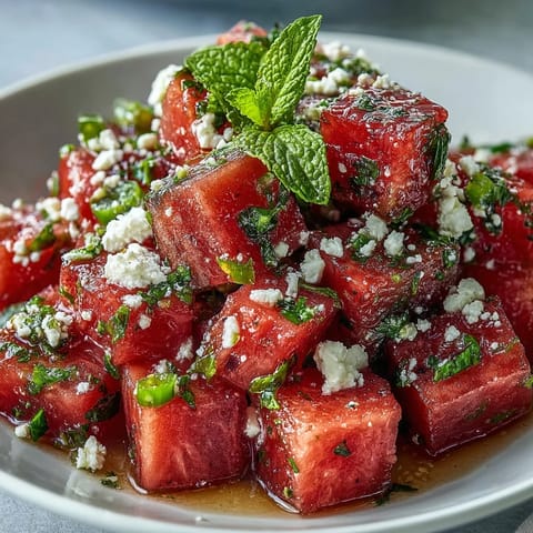 Bright watermelon feta salsa bursting with fresh mint and lime, served with crisp pita.